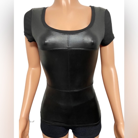 Sexy black tonal faux leather fitted t-shirt top rocker style new punk - Picture 1 of 6
